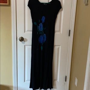 Black cap sleeve dress with roses.